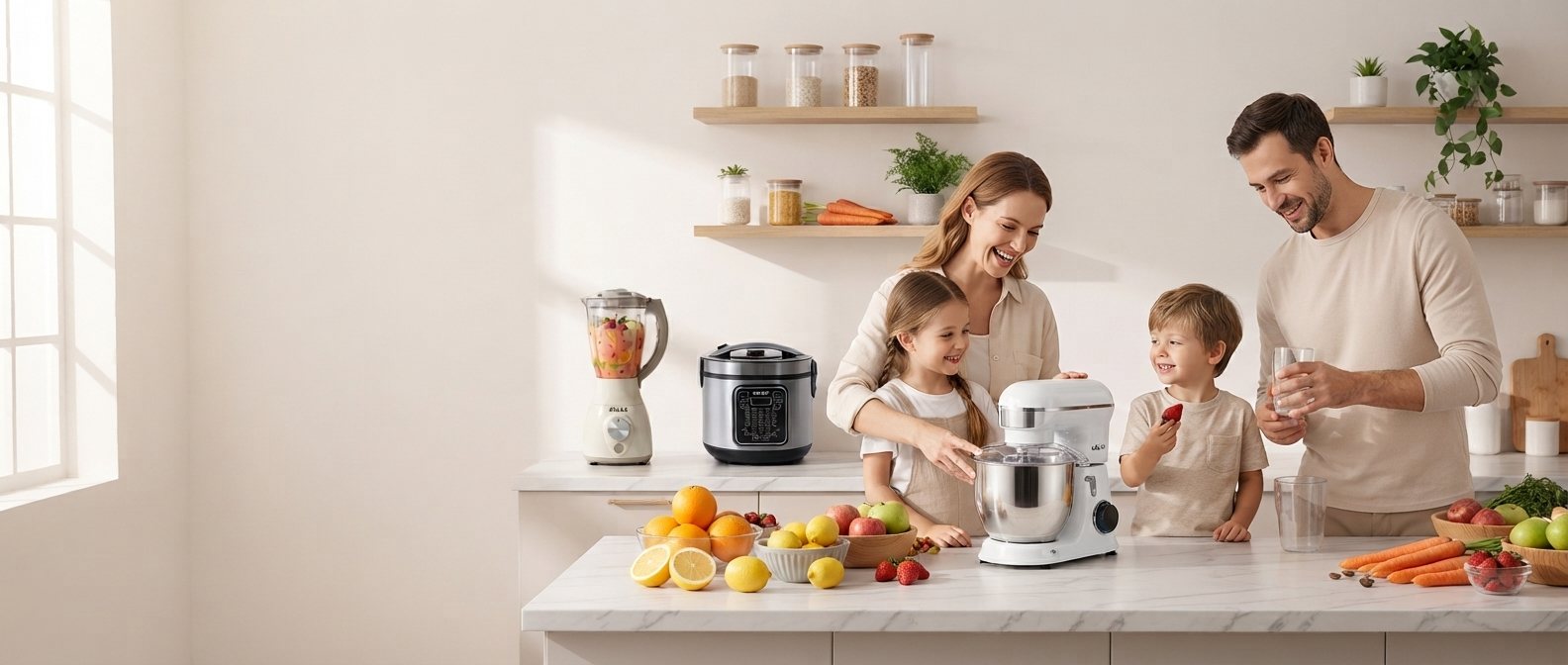 Happy family making juice and baking with KöLAX appliances in a bright kitchen