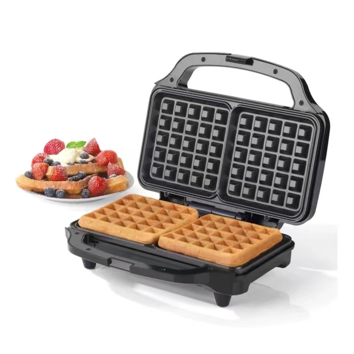 Waffle Maker - 1000-Watt, Non-Stick Plates, Easy-to-Clean, Cool Touch Housing and Skid Resistant Feet, gold ss shell, view 2