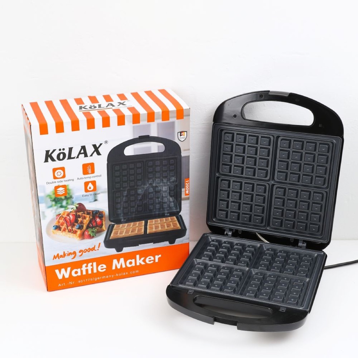 KöLAX Non-Stick Belgian Waffle Maker with Indicator Lights, Makes 4 Mini Waffles, Hashbrowns or Keto Chaffles at Once, Compact Design for Easy Storage, Black & Stainless Steel 1200W