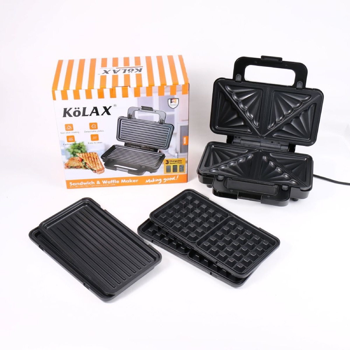 KöLAX 3 in 1 Sandwich Maker Indoor Waffle Maker Irons with 6 Slice Non-Stick Removable Plates for Easy Cleanup,Perfect for Cooking Grilled Cheese,Tuna Melts,Burgers and Steaks,900W Black/Silver
