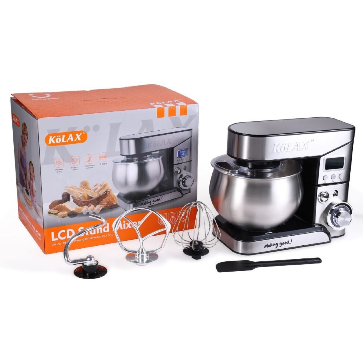 KöLAX Stand Mixer mit LCD-Anzeige 1300W, 6 Geschwindigkeits elektrischer Mixer mit 5L SS-Mischschale, Küchenmischer mit Teighaken, Eiwhisk, Beater & Backspalte, Lebensmittelmischer mit Timer