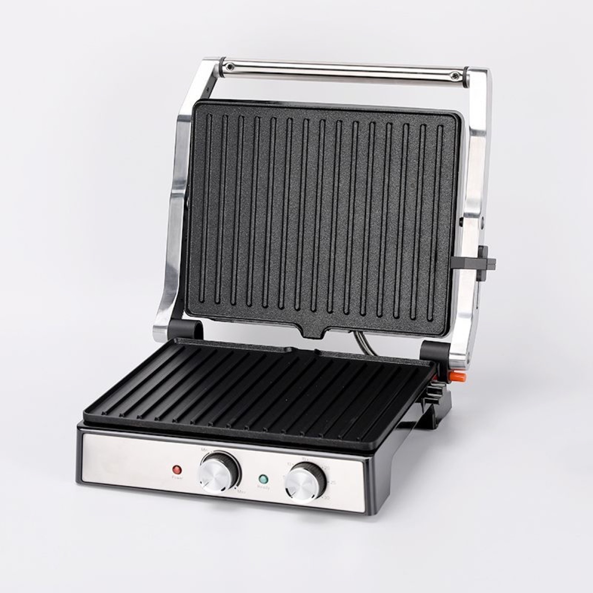 Electric panini press grill open flat up 180 degrees sandwich maker