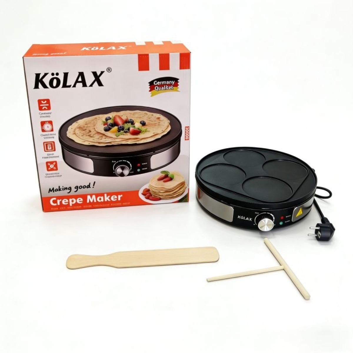 KöLAX 2 in 1 Crepemaker – Pancake Machine, Make 1 Large Crepe or 4 Mini Pancakes, Adjustable Temperature, 30cm Reversible Plate, 2000W