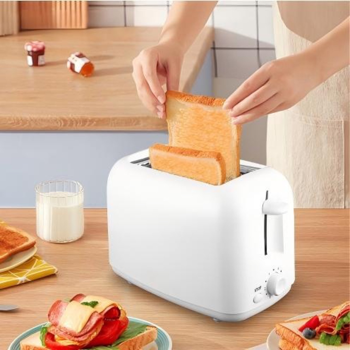 KöLAX 2-Slice Toaster, 800W,Extra-Wide Slots,6 Shade Settings,With One Button Stop, Removable Crumb Tray, White, view 3
