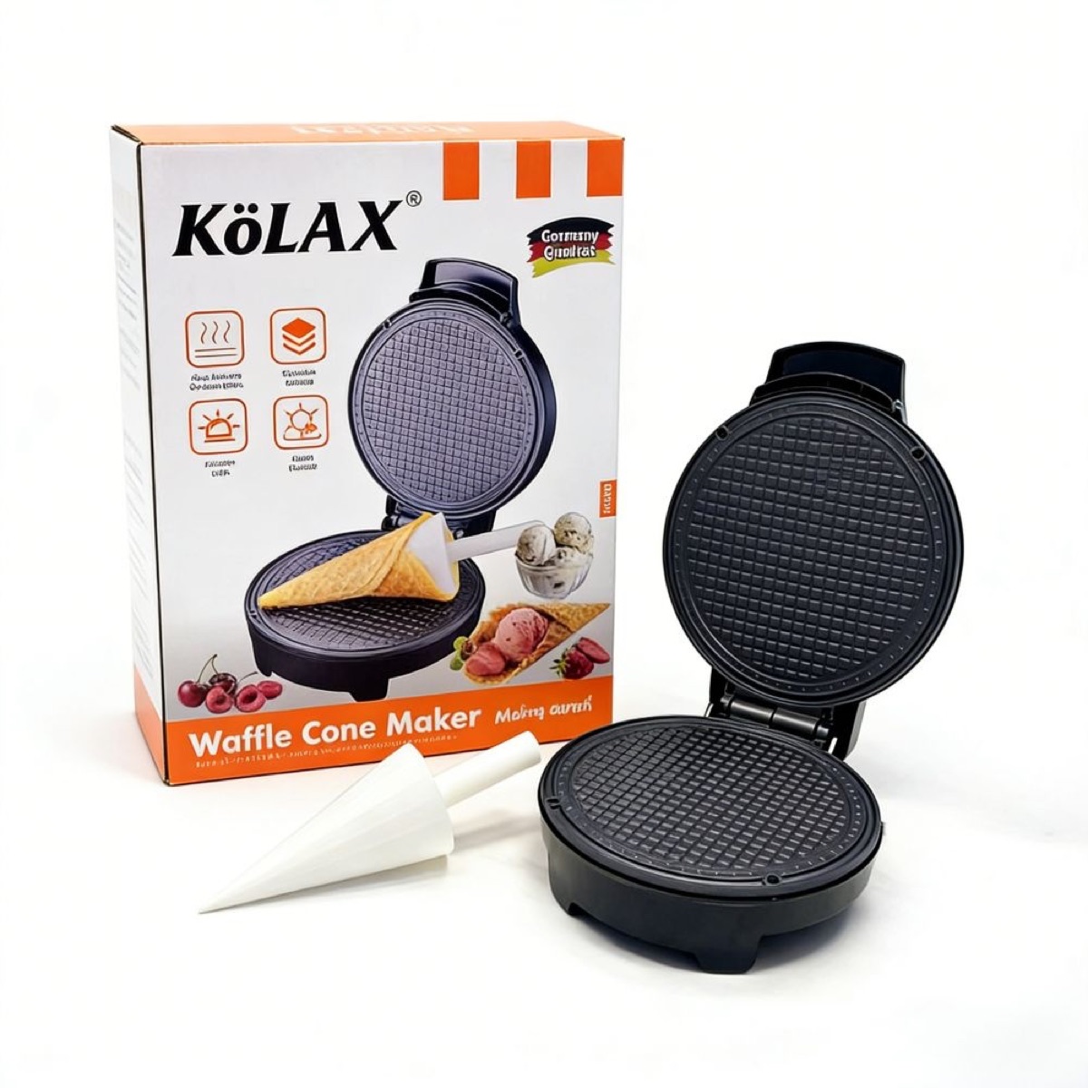 KöLAX Waffle Cone Maker and Ice Cream Cone Maker with Cone Roller, 1000W Double Side Even Heating Thin Waffle Maker, Makes Crispy Waffle Cones, 7.5
