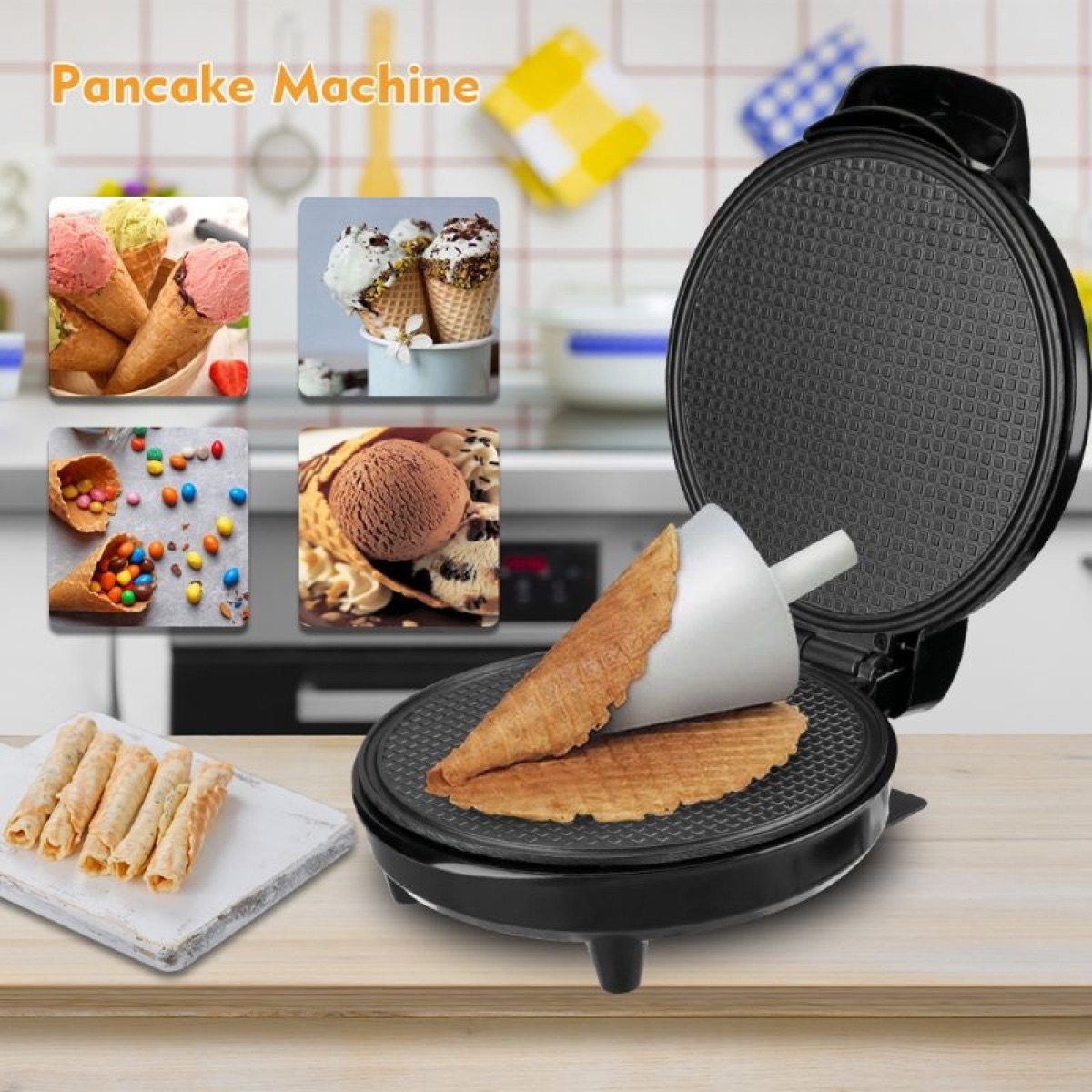 KöLAX Waffle Cone Maker and Ice Cream Cone Maker with Cone Roller, 1000W Double Side Even Heating Thin Waffle Maker, Makes Crispy Waffle Cones, 7.5, view 2