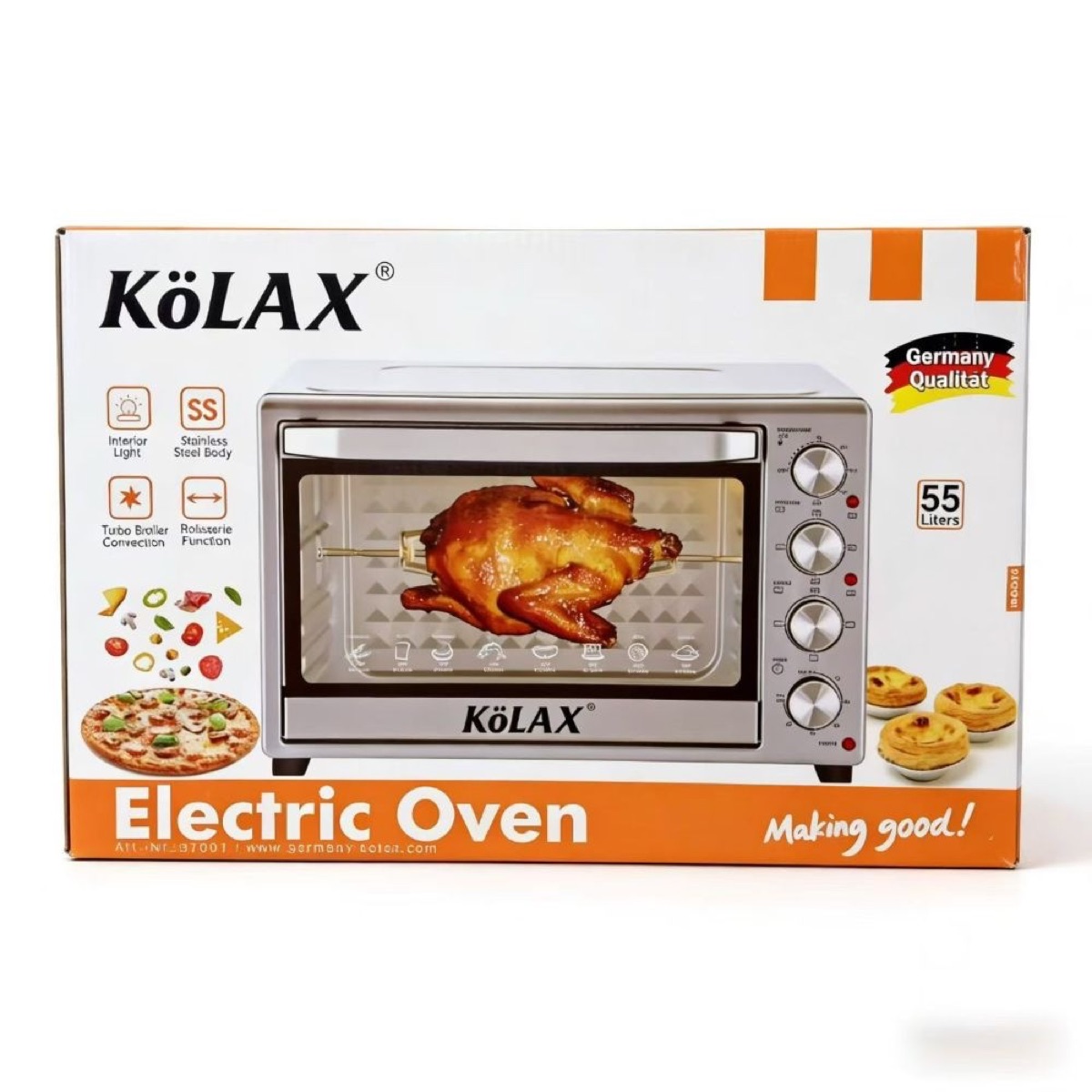 KöLAX Oven 55L, Convection Oven 4-Control Knobs, Bake Broil Toast Rotisserie Keep Warm, Includes Pizza Racks, Stainless Steel