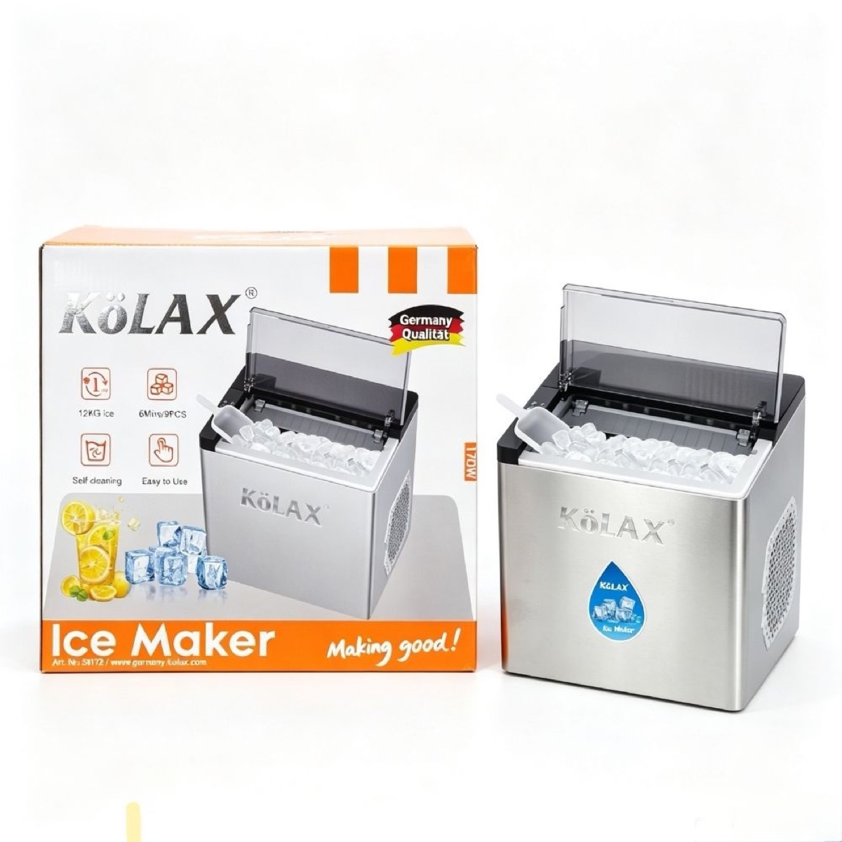 KöLAX Compact Countertop SS Ice Maker, 12KG in 24HRs, 9 Bullet Ice Cubes Ready in 6 Minutes