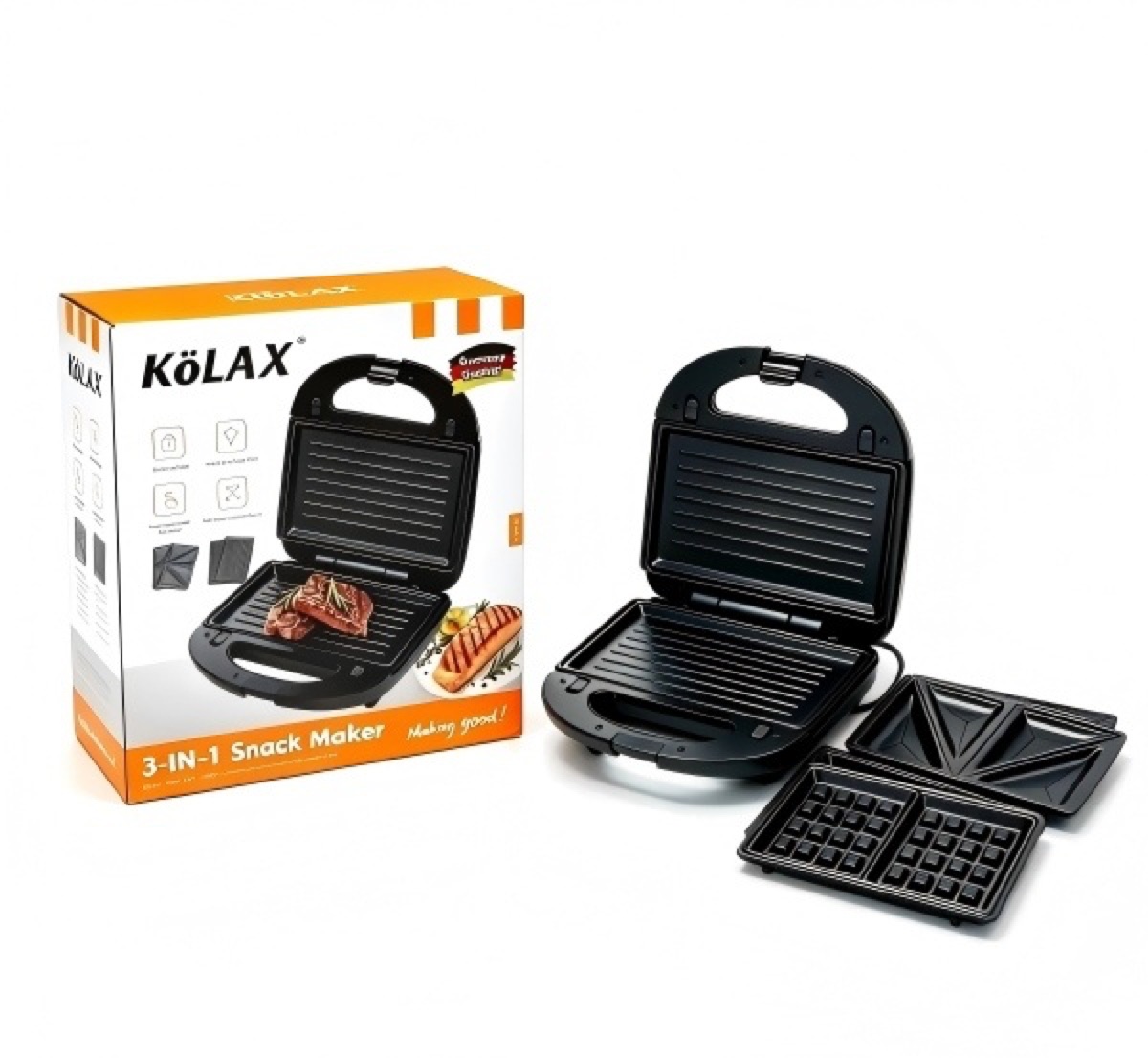 KöLAX 3 in 1 Sandwich Maker Indoor Waffle Maker Irons with 6 Slice Non-Stick Removable Plates for Easy Cleanup,Perfect for Cooking Grilled Cheese,Tuna Melts,Burgers and Steaks,1100W Silver