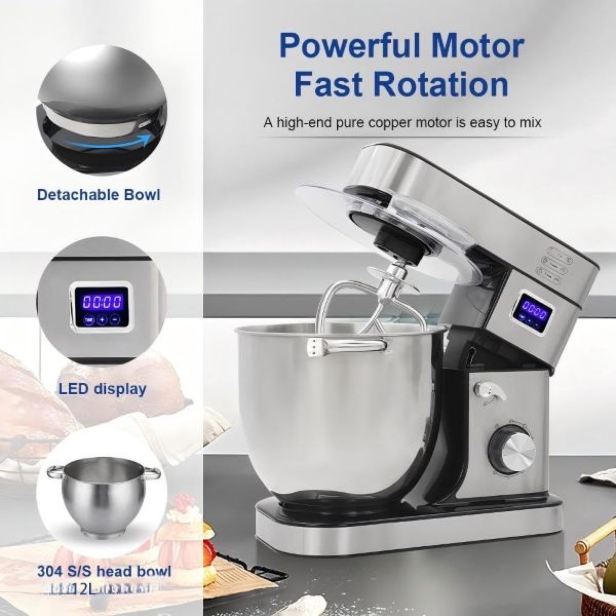 KöLAX LCD Stand Mixer, 12L Extra Large Capacity, 2600W Pure Copper Motor, 6 Speeds with Pulse Function, view 4