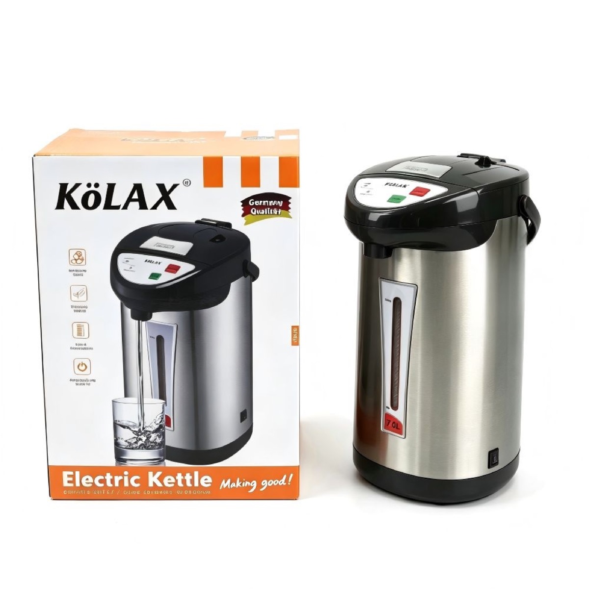 KöLAX Electric Hot Water Pot Auto & Manual Dispense Buttons, Safety Lock, Instant Heating for Coffee & Tea nsulated Stainless Steel 7L