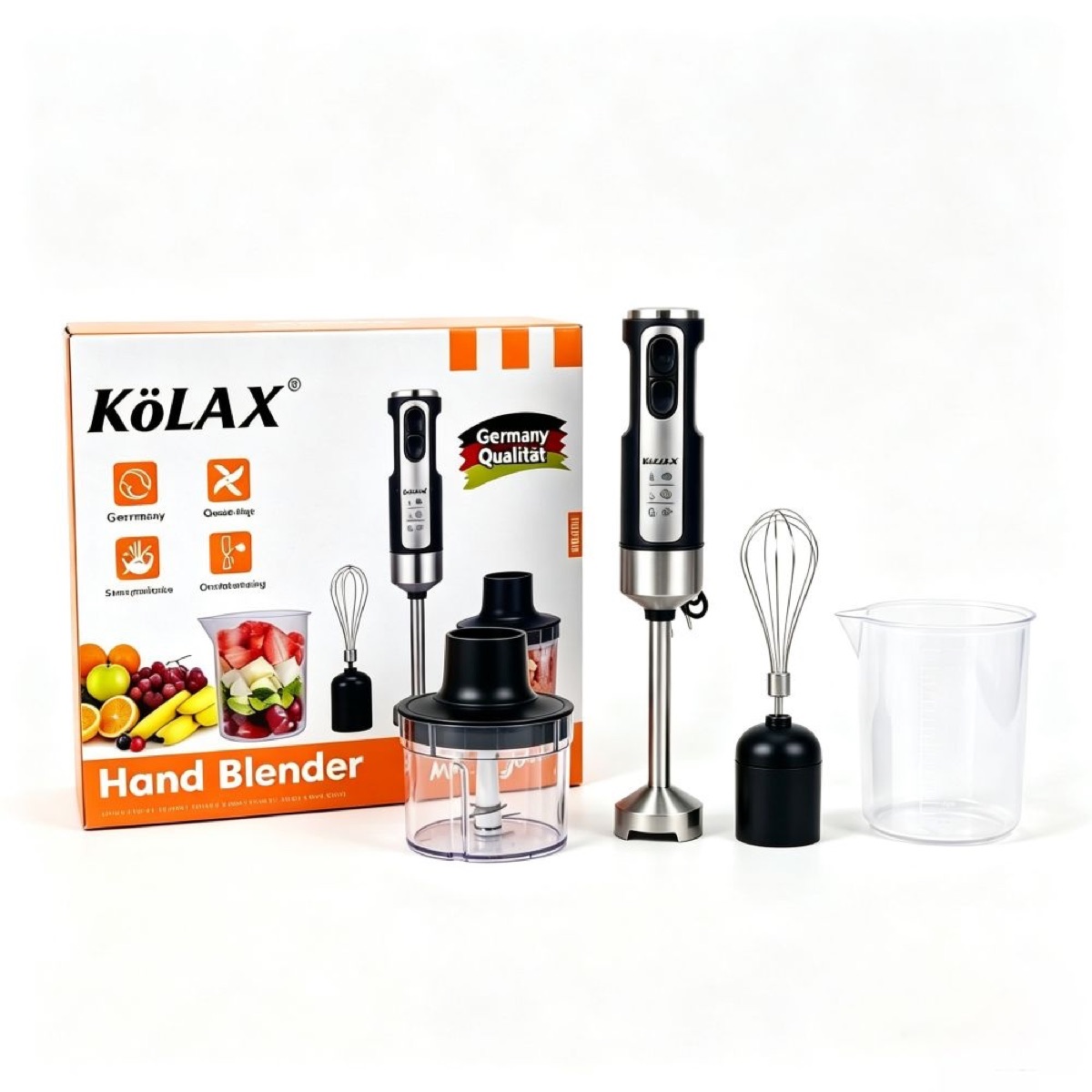 KöLAX Multi-Speed Immersion Hand Blender for Kitchen Mixing, Smoothies, Soups,1000 Watt Powerful, with Blending Stick, Whisk, Chopper and Beaker