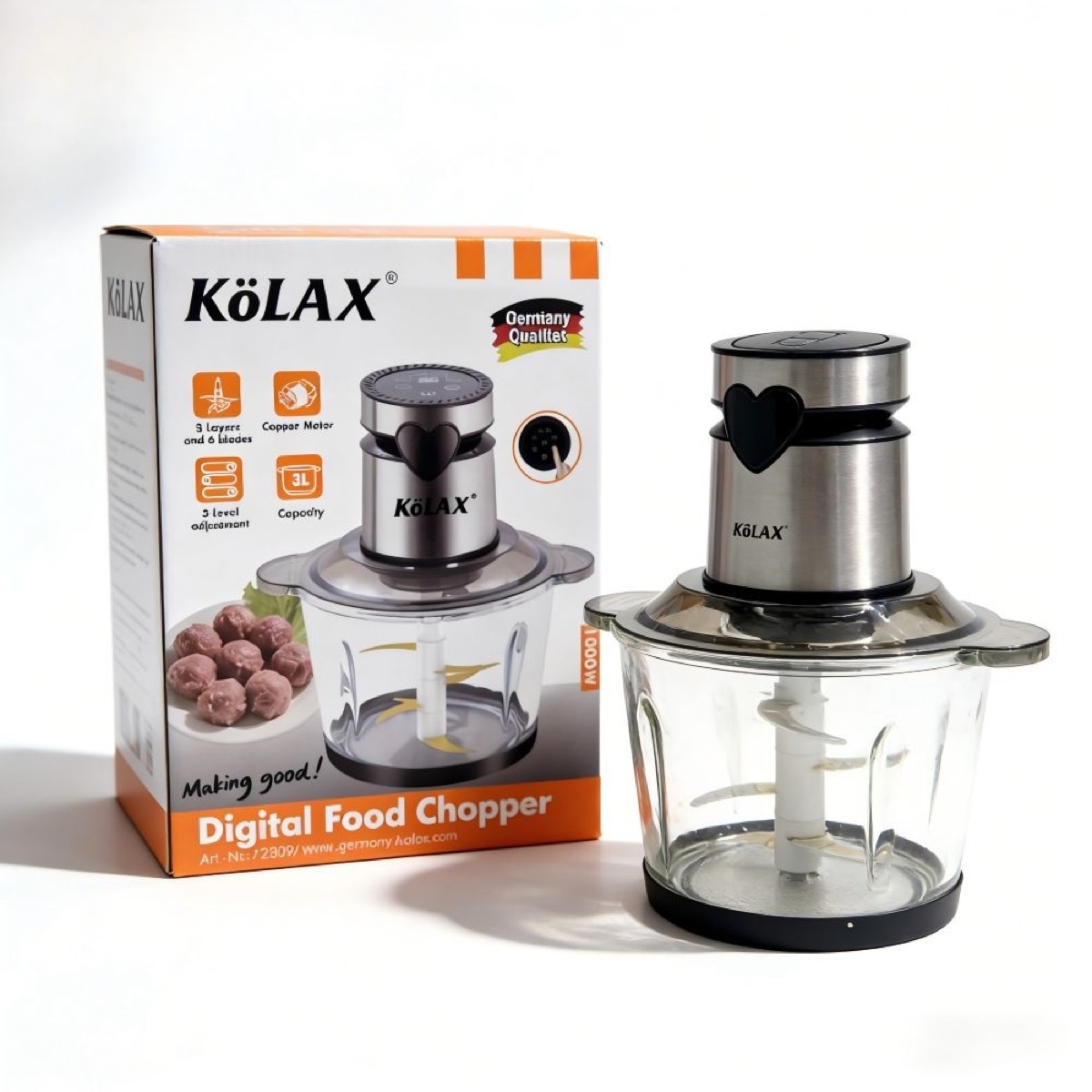KöLAX 3L Electric Glass Food Processor Digital Meat Grinder 1000w LED Time Display Electric Food Chopper Vegetable chopper 3 layers 6 blades