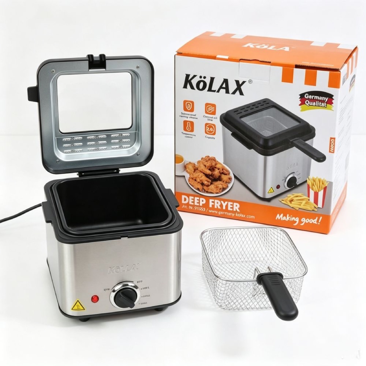 KöLAX Deep Fryer, Restaurant-Style Basket, Easy-View Window & Adjustable Temp Control, Stainless - 2 Liter
